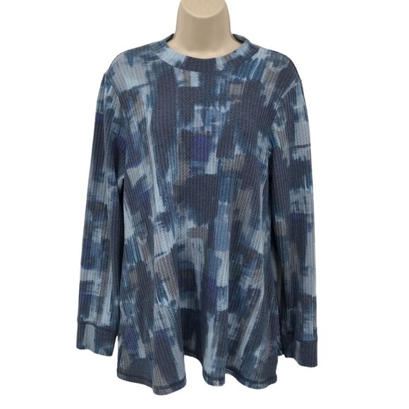 Logo Lounge Womens Blue Print Waffle Knit Mock Neck Long Sleeve Top Size M - Picture 1 of 9